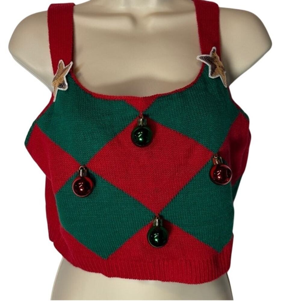 Love on a Hanger Red Green Knit Ugly Christmas Holiday Crop Top Ornaments Star L